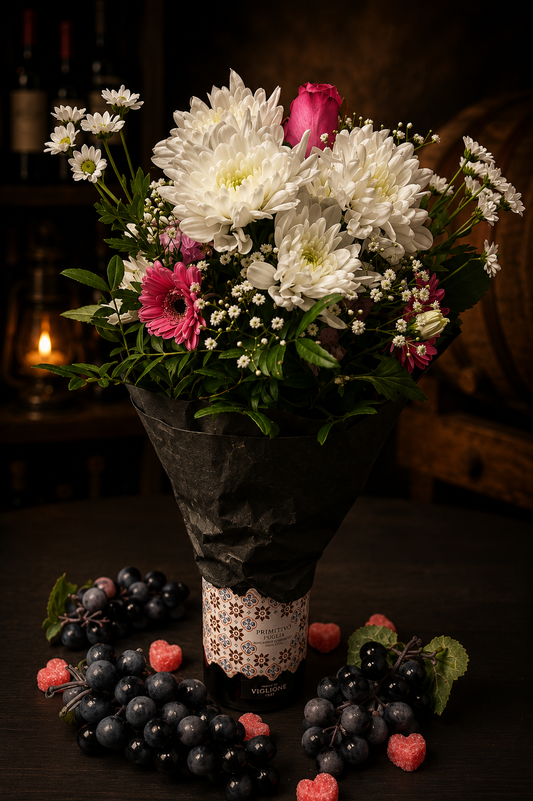 Blumen-Gesteck für Weinflaschen – Valentinstag Geschenkidee | Wein separat